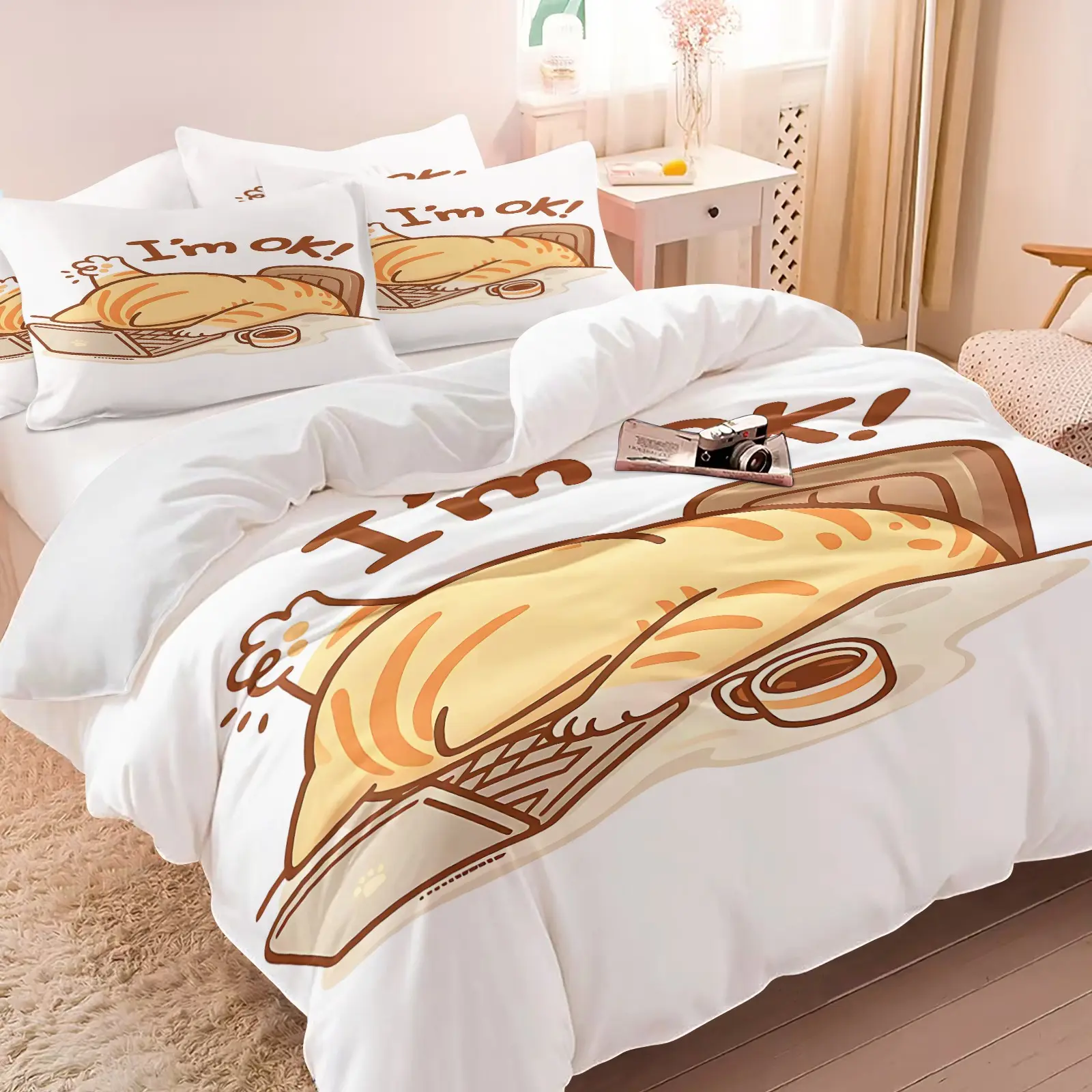 Adorable Orange Cat Duvet Cover Set: 1 duvet cover and 1/2 pillowcase, filling not included. “I'm OK!” Relaxed orange cat bedding with a laid-back, soothing aesthetic—the perfect gift for young adults. Soft bedding.