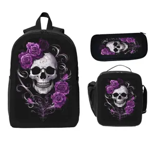 3-Piece Floral Skull Backpack Set, 17 Inch Large Bookbag with Insulated Lunch Bag & Pencil Pouch, Durable Lightweight Daypack for School, Work, Travel, Cute Edgy Gift for Teen Girls, Christmas Birthday