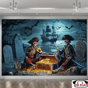 2D Flat Banner 1pc, Skeleton Pirates Treasure Hunt Party Banner - Spooky Pirate - Themed Backdrop Moonlit Graveyard Scene, Perfect Home Decor, Room Wall Decoration, Halloween or Themed Parties, Party Backdrop |