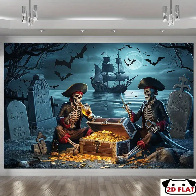 2D Flat Banner 1pc, Skeleton Pirates Treasure Hunt Party Banner - Spooky Pirate - Themed Backdrop Moonlit Graveyard Scene, Perfect Home Decor, Room Wall Decoration, Halloween or Themed Parties, Party Backdrop |