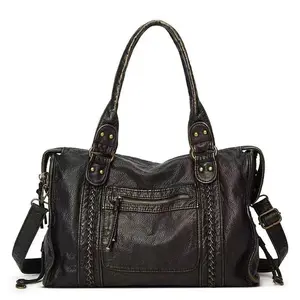 Retro Casual Cool Street Style Soft Brush Off Washed PU Vegan Leather Zipper Closure Pockets Braid Decor Large Capacity Fits 13' Laptop Tote Adjustable Long Strap Cross Body Shoulder Bag Women Daily College Commute Travel Versatile, Y2k Bag