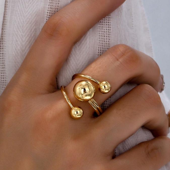 Chunky Ball Statement Ring for Women – Gold Tone Open Band Bold Minimalist Jewelry