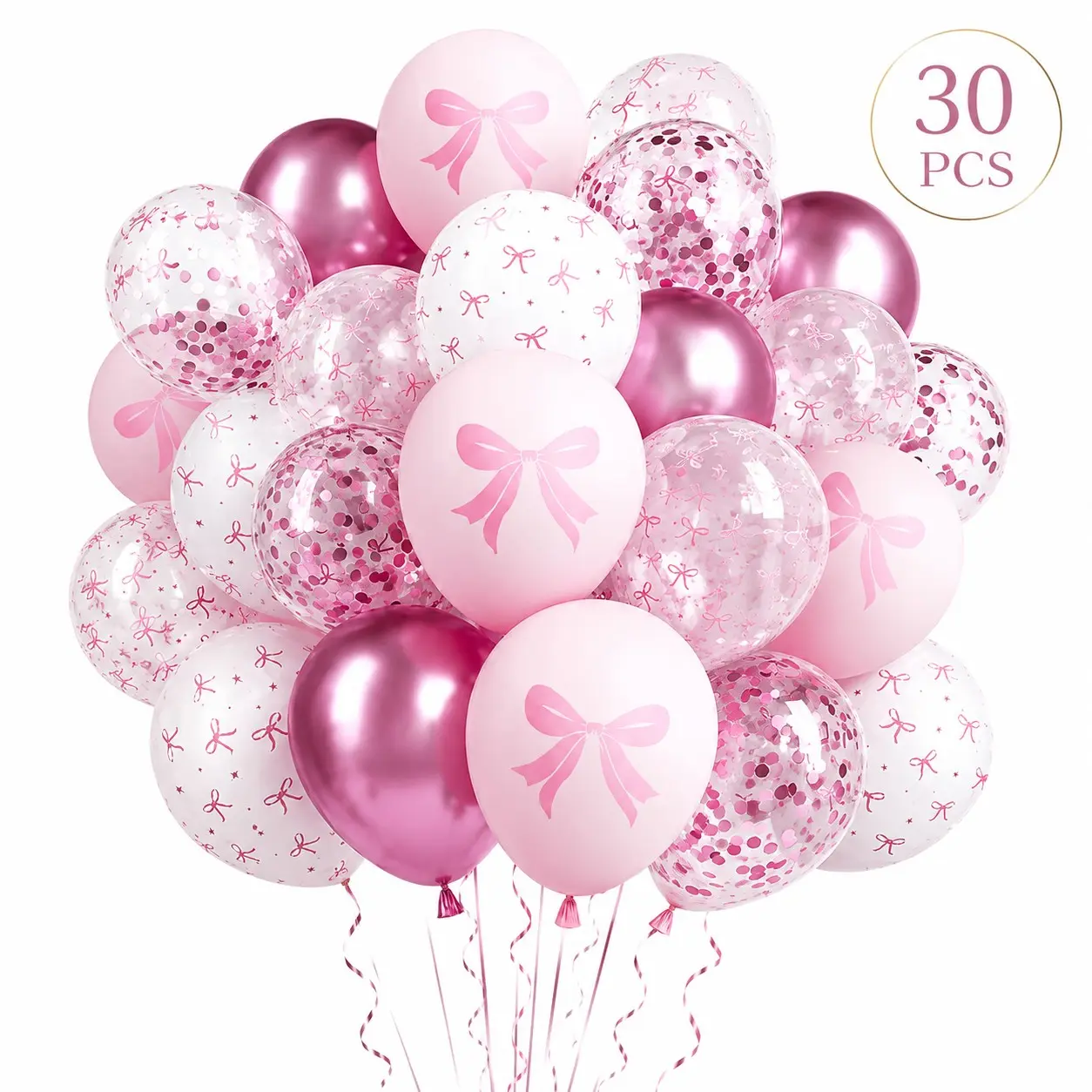 Pink Bow Balloon Set, 30 Piece Pink Metallic Confetti Balloons, Decorations for Weddings,' Birthday Parties, Sweet Princess Themed Events