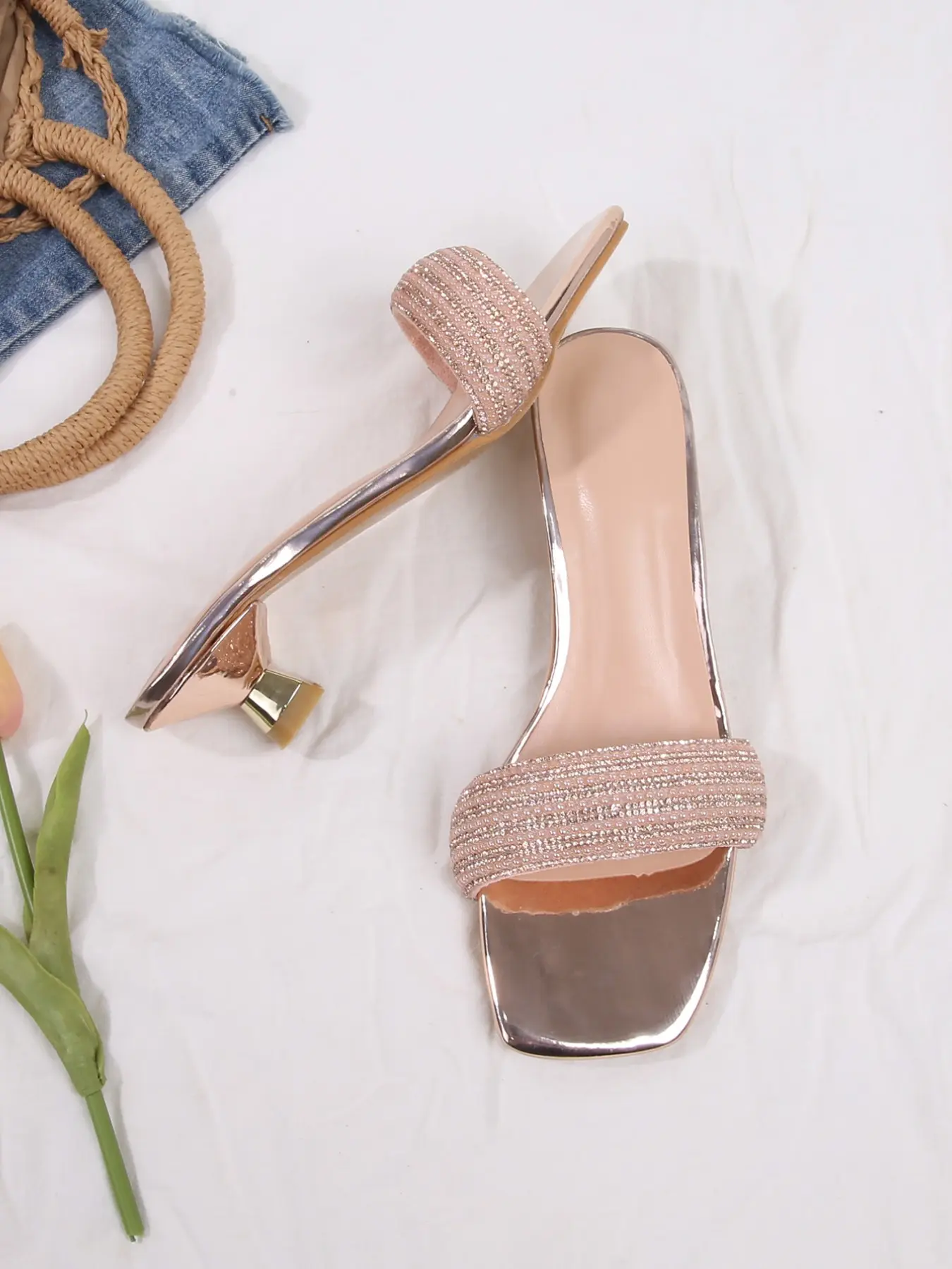 Women's Square Toe Wedge Sandals, Glitter Heeled Sandals, Trendy Sandals, Fashion Wedges, PU Material, Plain Design, Fashionable High-Heeled Shoes for Commuting & Parties, Glitter Decorated Sandals, Fashionable Footwear