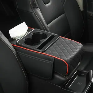 2025 New Model Central Console Organizer with 4-in-1 Armrest Elbow Pad, High-End Car Storage Box with Cup Holder and Tissue Dispenser, Nappa Leather Waterproof Thickened Multifunctional Car Armrest Box Heightening Pad