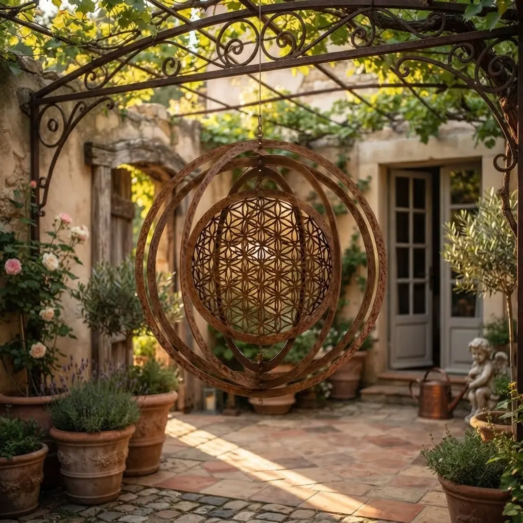 Vintage Metal Hanging Armillary Sphere Wind Spinner - Weather-Resistant Rustic Sculptural Ornament with Sacred Geometry Flower of Life Center, Outdoor Decor for Patio, Garden