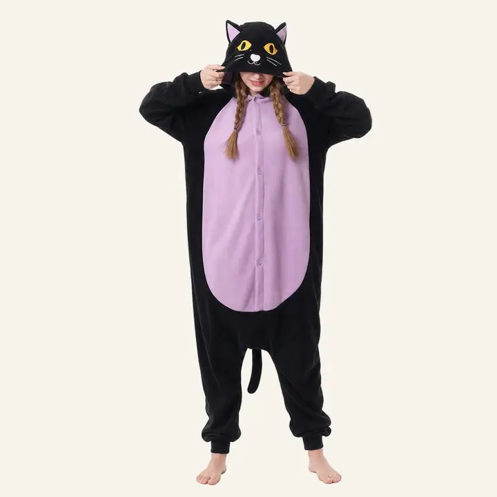 Women's Black-Purple Polyester Fleece Hoodie Kigurumi Onesie - Long Sleeve Comfortable Sleepwear & Loungewear, Pajama, Embroidered
