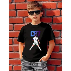 [Football Style T-Shirt] Boys'  Casual Short Sleeve T-Shirt ,CR7 Soccer Graphic Print   - Lightweight Breathable Training Top with Stretch Fabric,   Machine Washable Youth Sports Apparel for Everyday & Outdoor Play Best Gift for Boys and Girls