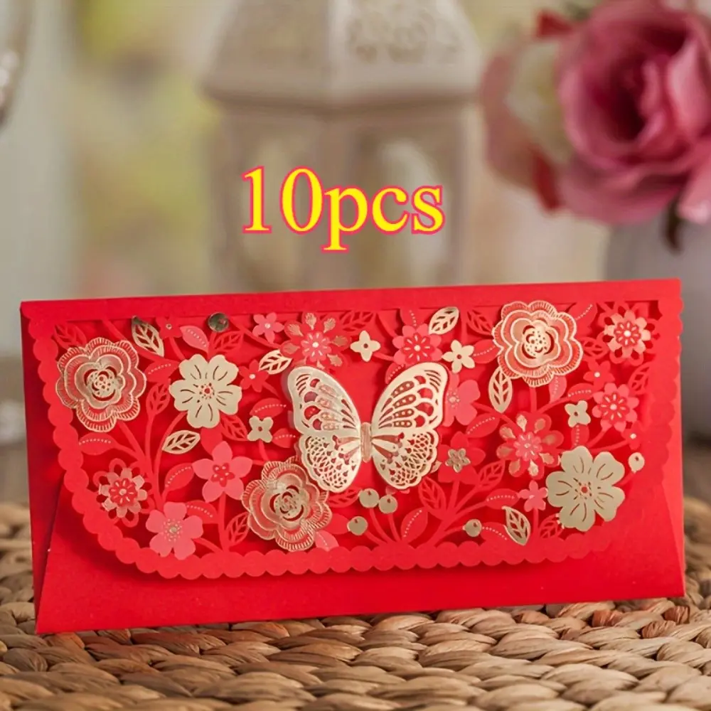 10pcs Chinese Art Red Envelopes with Floral and Butterfly Patterns, Self-Sealing Gift Bags, Matte Finish, Ideal for Weddings, Engagements, Valentine's Day, Housewarming, Lunar New Year, Office Supplies - Perfect Gift