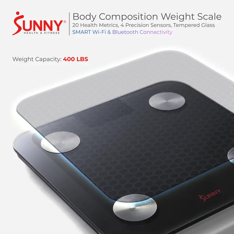 SUNNY Smart Digital Weight Scale 400 lbs Capacity Body Composition Bathroom Scale with 20 Health Metrics Info Diet High Accuracy Sensors Heart Rate Body Fat Muscle Mass BMI Tempered Glass LED Display Home Gym Fitness Workout Professional Wi-Fi Bluetooth