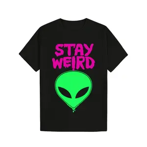 Stay Weird Alien UFO Graphic T-Shirt - Black with Neon Green & Pink Print, Soft Regular Fit Short Sleeve Tee for Men & Women, Casual Casual Attire, Machine Washable Unique Gift, Comfortable Round Neck, Adult funny T-shirt, Gift for Woman and Man