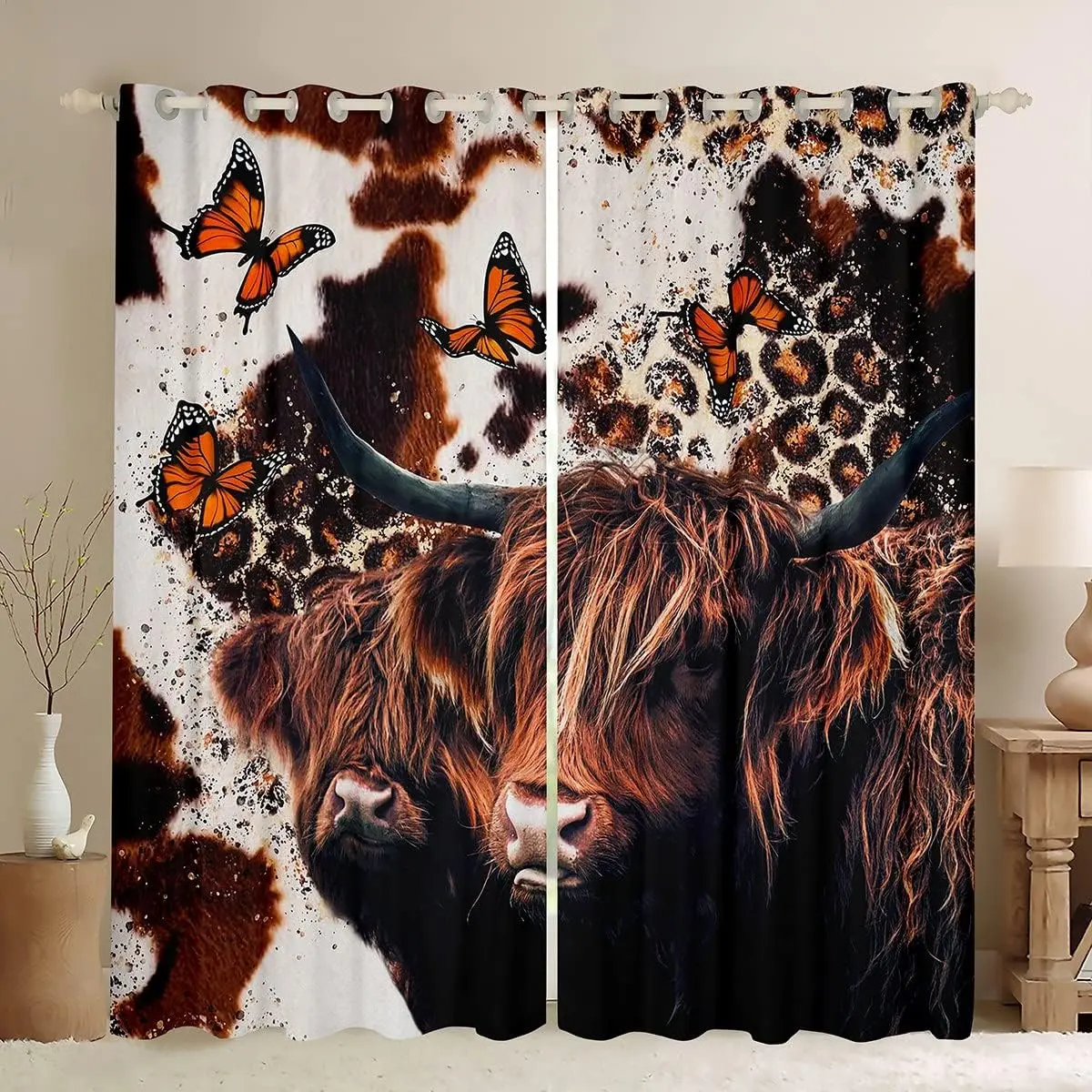 Feelyou Highland Cow Velvet Blackout Curtains - Decorative Darkening Drapes with Cow Print, Cattle Fur, Leopard Motifs, Butterfly Motifs, Farmhouse Style for Bedroom, Darkening Curtains, Decorative Curtains