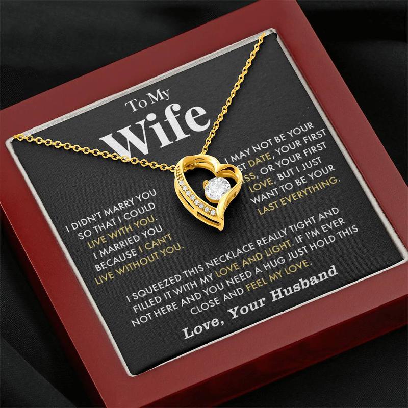 To My Wife Anniversary Necklace with Cubic Zirconia Pendant Love Heart Gift for Wife Birthday Present White Gold Over Stainless Steel Adjustable Chain 18-22 Inches