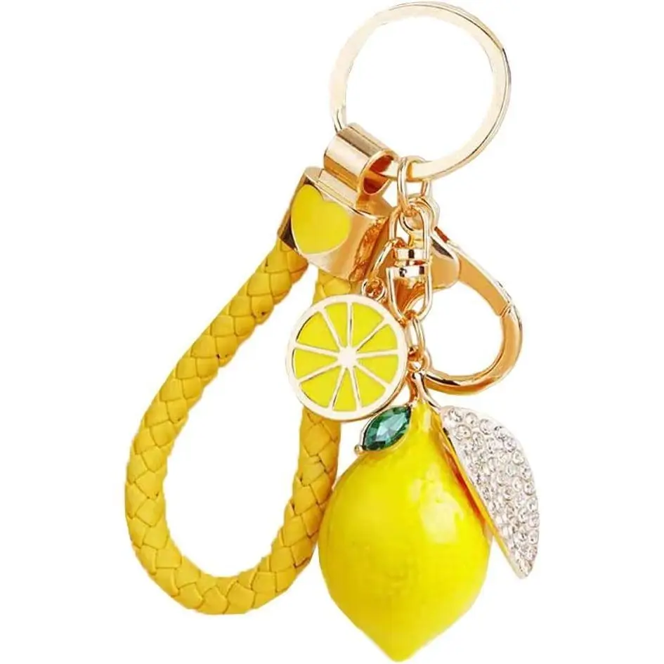 Bling Diamond Dangle Lemon Keychain - Rhinestone Crystal Fruit Bag Pendant for Purse, Car Keys, Fashion Jewelry Gift for Women (Yellow), Bling Diamond Keychain, Dangle Keychains