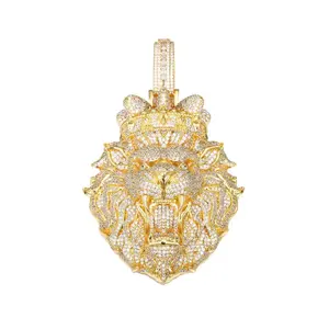 M2-2371 Regal Crowned Lion Head Pendant Blinged-Out Iced-Out Charm for Hip Hop Streetwear Statement Accessory outdoorfun