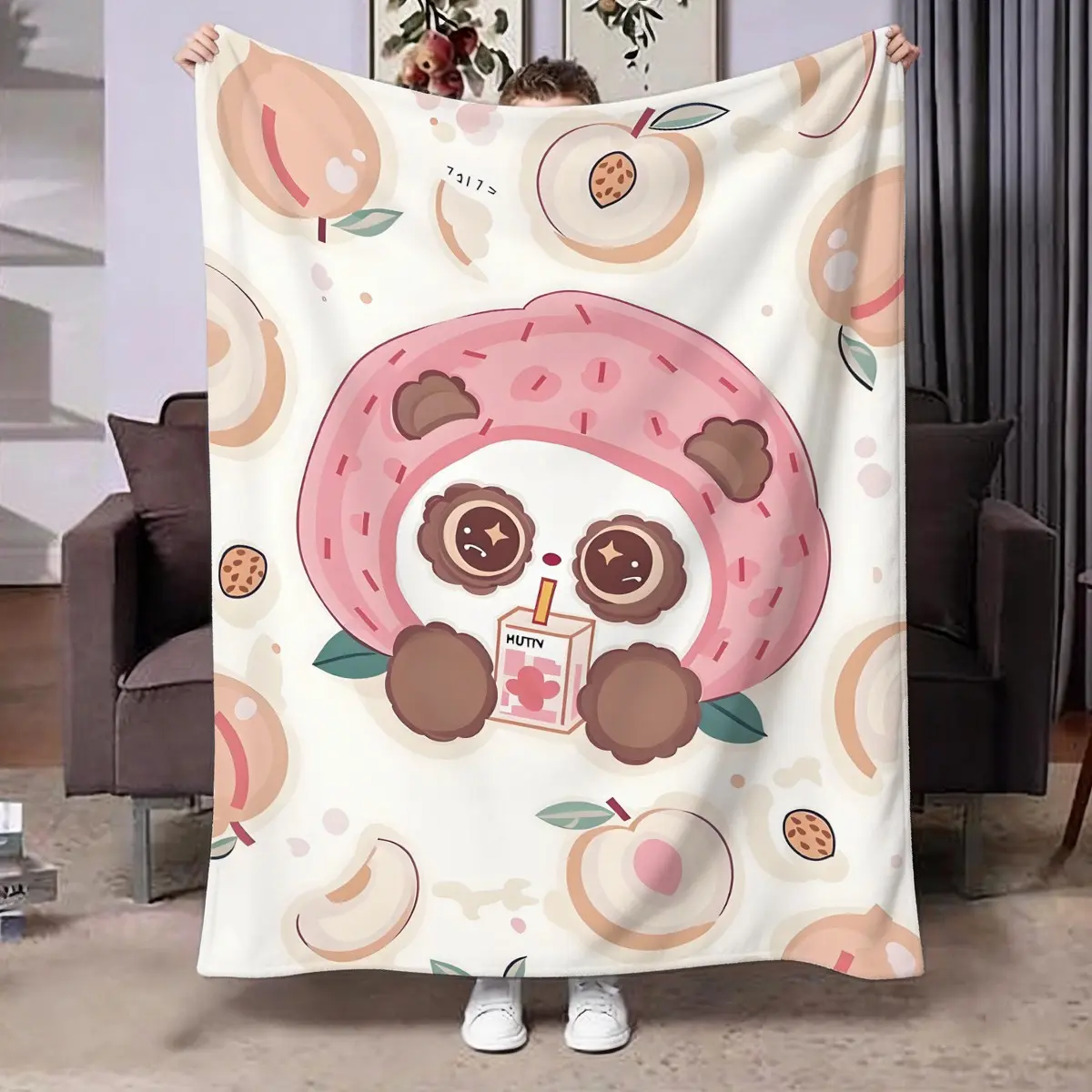 Cute Panda Peach Pattern Blanket, Soft Mini Throw for Sofa, Bedroom, Office, Outdoor, Multi-Use Gift
