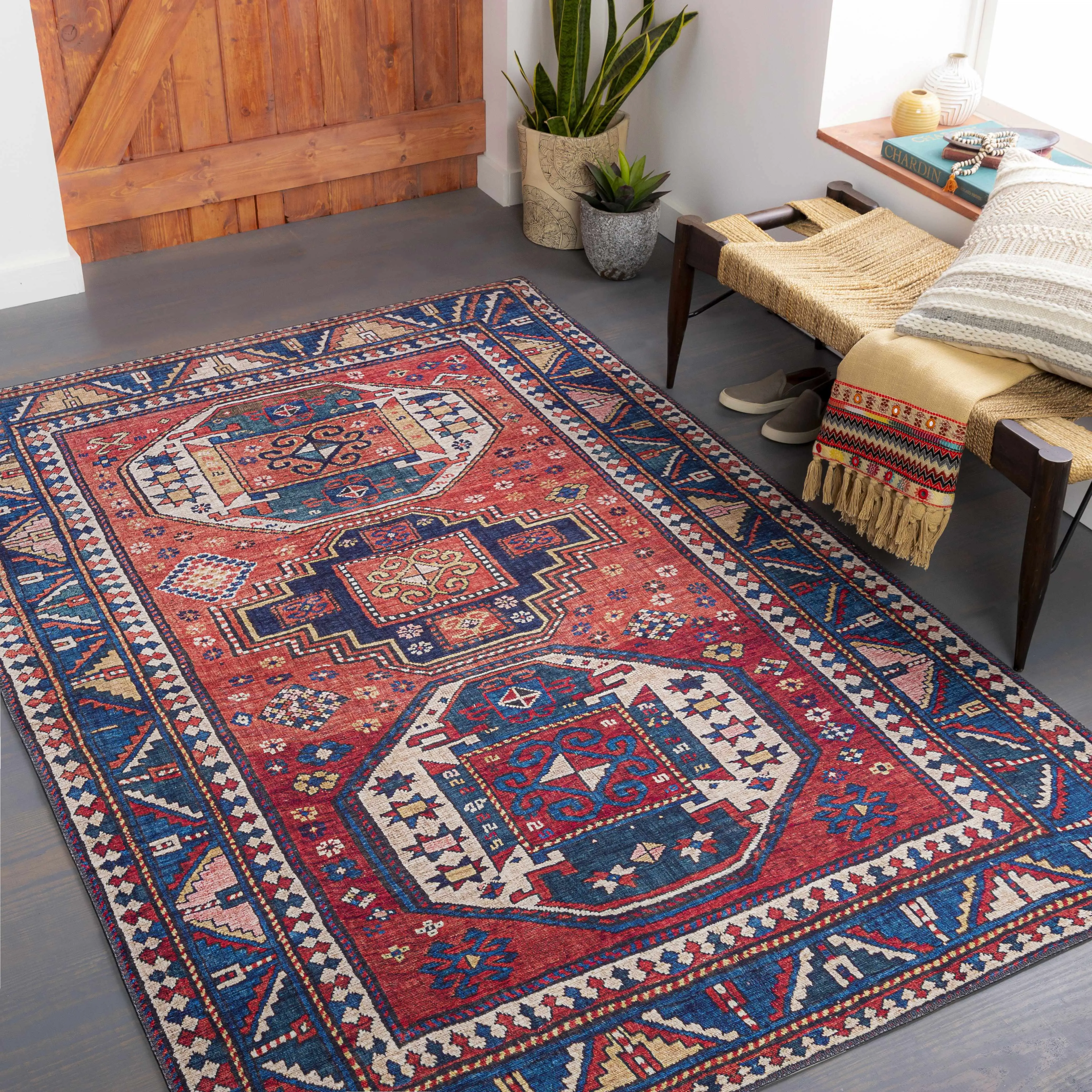 Kodiak Red and Blue Oriental Indoor Rectangle Area Rug, Living Room Rugs for Home Decor, Home Decoration Mat