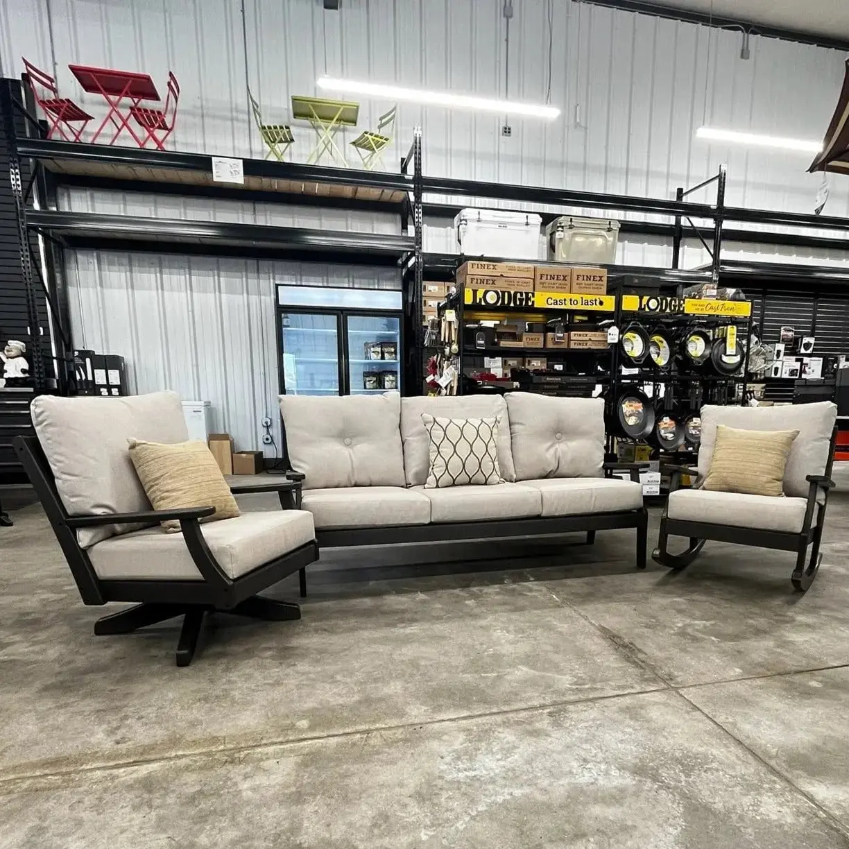 Local Special, Polywood Braxton Lounge Set, Vintage Coffee Frames, Essential Sand Cushions, Floor Model