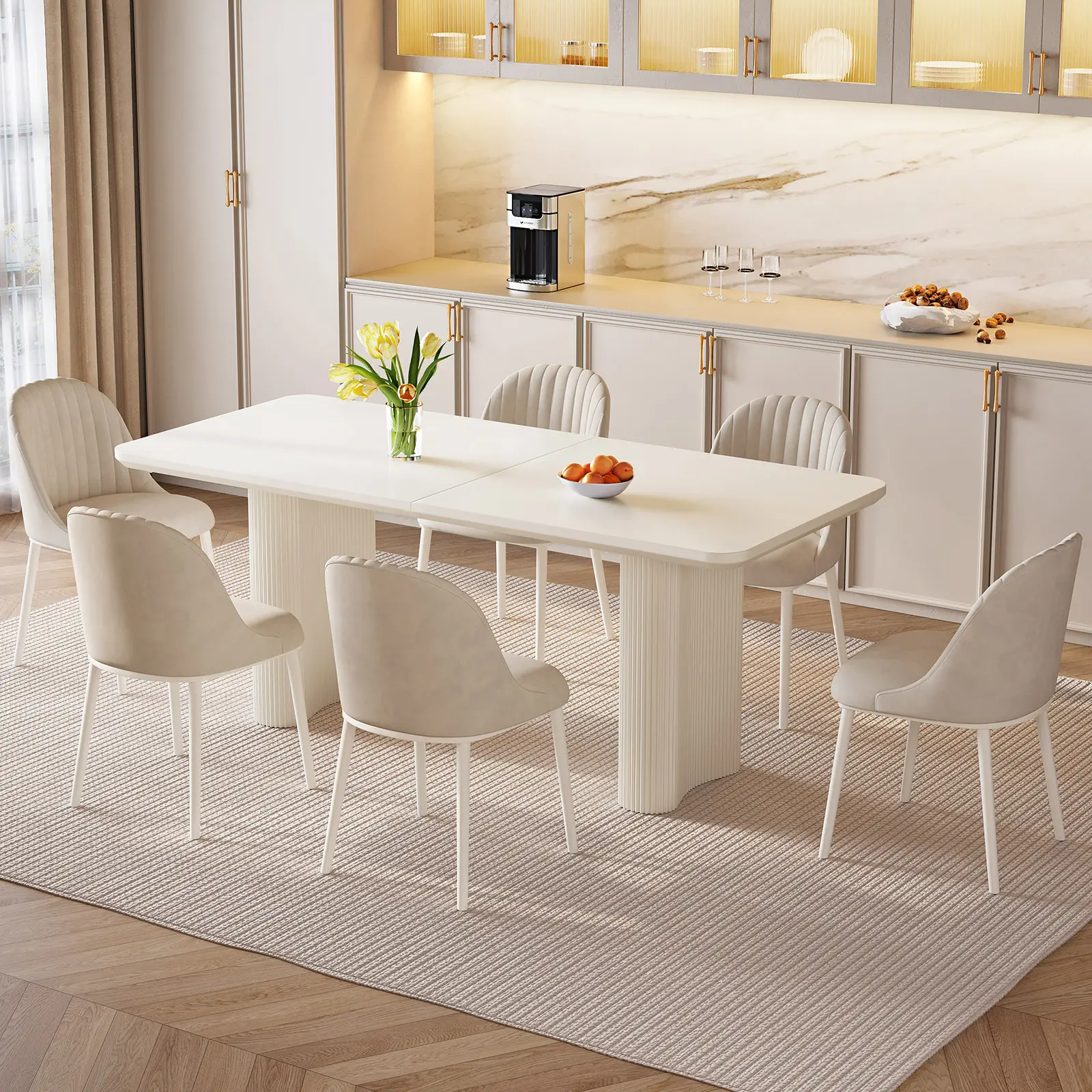 Guyii 63" Modern White Dining Table Set for 4-8 People, Rectangular Kitchen Table with Upholstered PU Leather Chairs, Sturdy Metal Frame, Minimalist Dining Furniture for Dining Room & Small Spaces