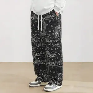 Men's handkerchief paisley printed casual pants, loose street drawstring pants with side stripes.