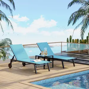 GARVEE Outdoor Lounge Chairs With Wheels, Adjustable Backrest Poolside Loungers, Patio Chaise Lounge Chairs With Side Table Set of 3