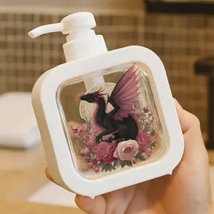 Creative Bathroom Dispenser with Hand Pump - Fantasy Dragon Art, Majestic Black Dragon with Pink Peonies, Golden Celestial Mandala Background, Enchanted Fantasy Floral Design for Soap Lotion