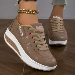 Women's Fashionable Rocker Sneakers - Breathable, Non-Slip Thick Sole Casual Shoes in Brown with White Sole Accents, Lace-Up Low Tops, Stain-Resistant, All-Season Wear let