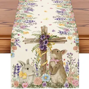 1PC Spring and summer style  Easter Bunny Cross Flower Table Runner, Spring Holiday Kitchen Dining Table Decoration for Easter Home Decor 13x72 Inch