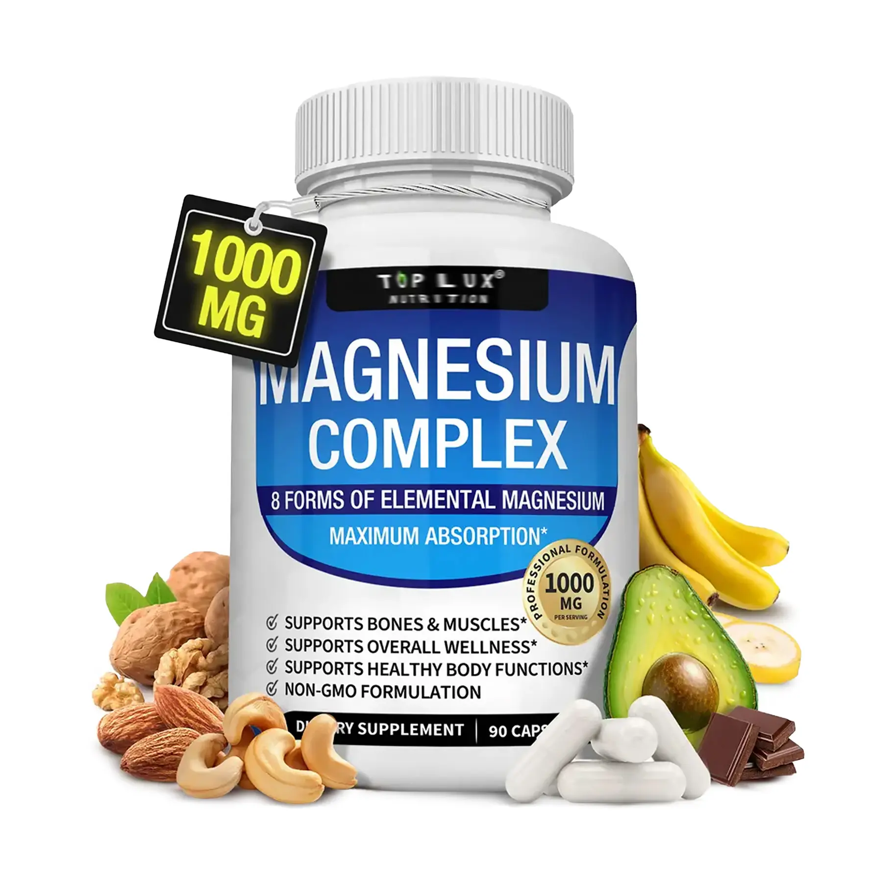 Toplux Magnesium Complex 8 Essential Magnesium Supplement  | Chromium Picolinate & Zinc | Metabolic Support | 90 Vegan Capsules | Multi-Bottle Value Set Dietary Edible Fitness Natural Vitamin Bathroom
