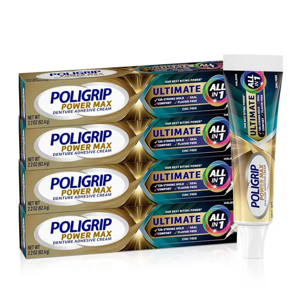 Super Poli-Grip Power Max All-in-1 Denture Adhesive Cream, Zinc-Free Formula for Strong All-Day Hold, Daily Care, 2.2 oz (62 g), 4 Pack