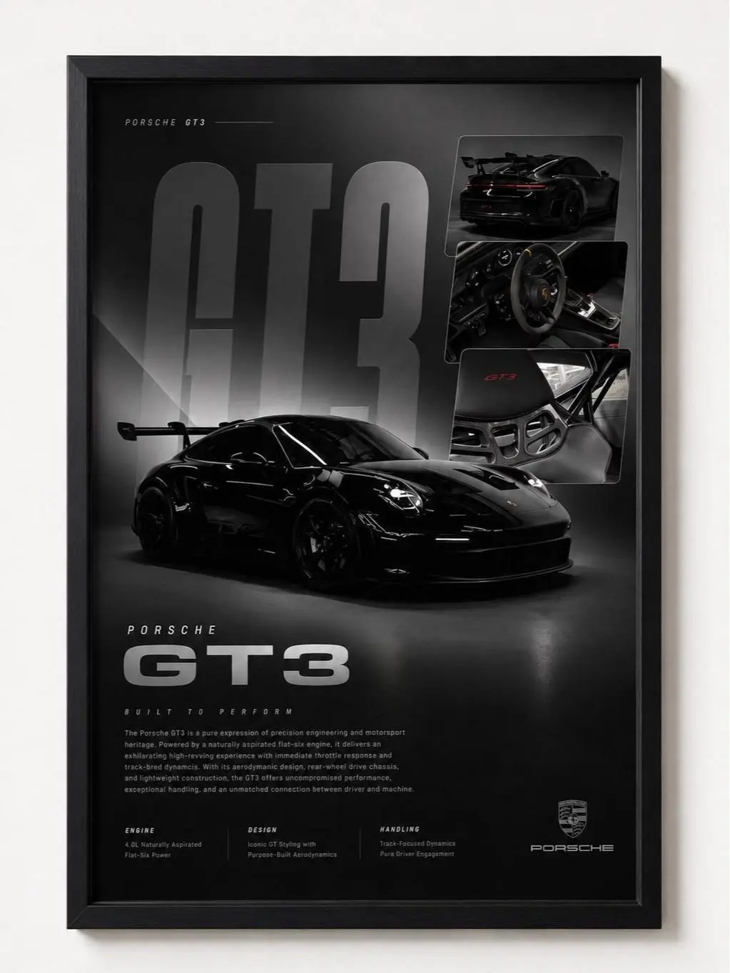 Porsche 911 GT3 Poster, Black Supercar Wall Art, Luxury Sports Car Print, Product without frame