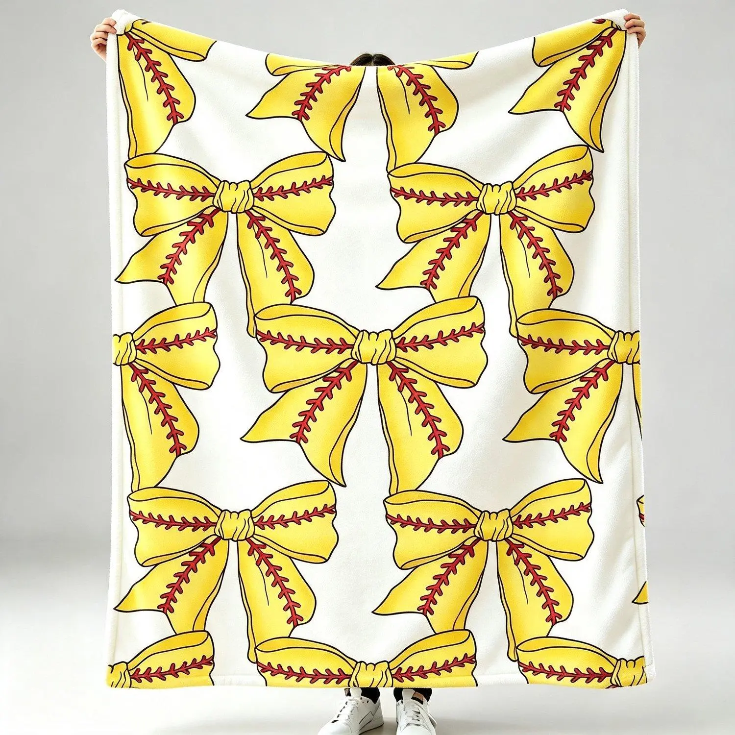 Softball Bow Pattern Fleece Blanket, Cozy Warm Plush Throw Blanket, Yellow Bow with Red Stitching Design, Light‑Weight Blanket for Sofa Bedroom, Great Gift for Softball Players & Fans