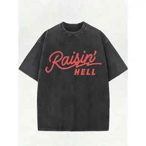heavy-duty cotton street style T-shirt - Vintage washed 'Raisin' HELL' pattern print, round neck short sleeve, casual summer shirt