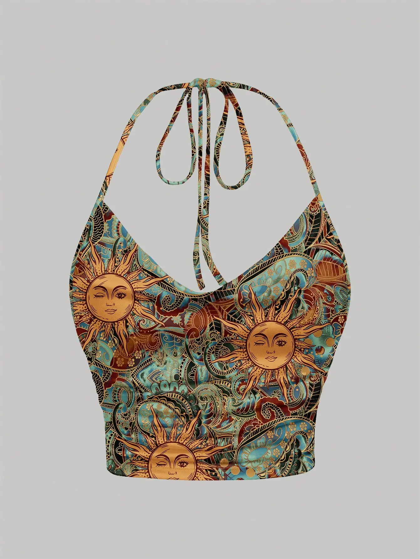 Women's Teal Blue Sun Print Halter Top | Tie Neck Loose Fit Boho Retro Blouse | Summer Vacation Country Concert Festival Beach Casual Going Out Top for Women