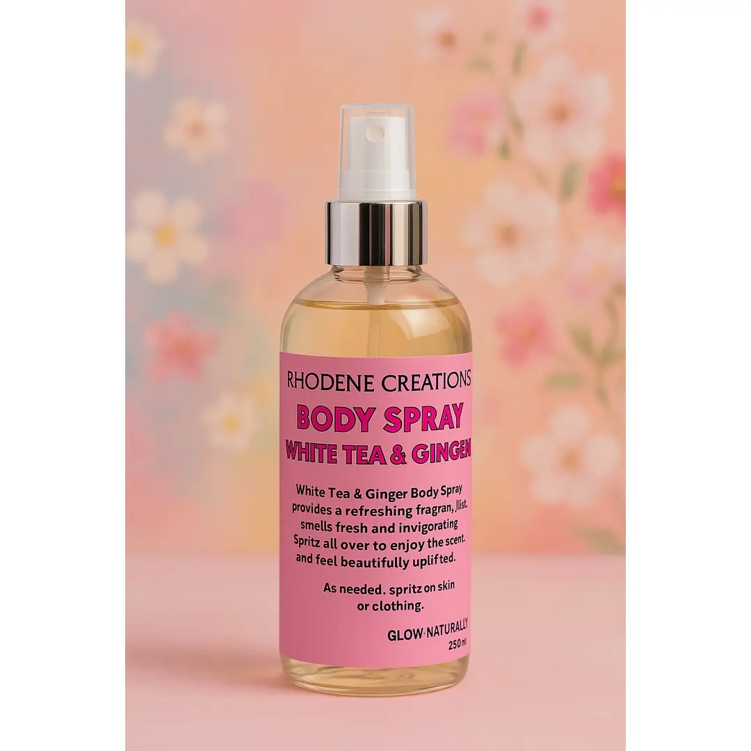 Rhodene Creations White Tea & Ginger Body Spray - Refreshing Blend with Green Citrus Floral Notes 250ml