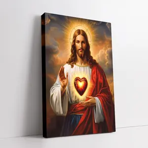 Sacred Heart of Jesus Canvas Art Print - Modern Religious Wall Decor, Modern Home Decor with Vintage Wooden Frame, Vibrant Colors and Dramatic Clouds - Suitable for Living Room, Bedroom, Spiritual Gift, Religious Artwork