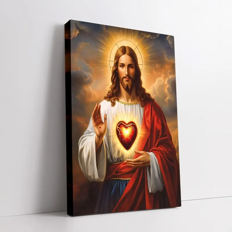 Sacred Heart of Jesus Canvas Art Print - Modern Religious Wall Decor, Religious Decorations, Modern Home Decor with Vintage Wooden Frame, Vibrant Colors and Dramatic Clouds - Suitable for Living Room, Bedroom, Spiritual Gift, Religious Artwork