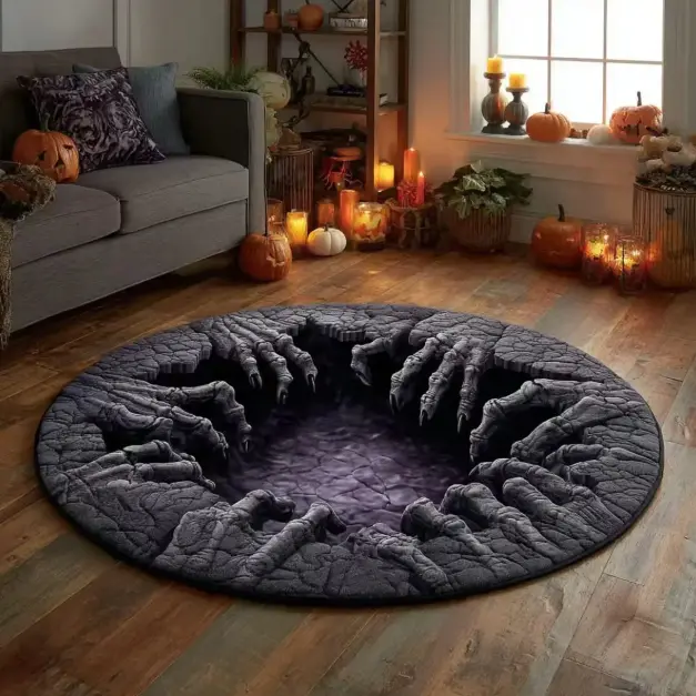[Halloween] Oversized 3D Optical Illusion Round Rug, Spooky Skeleton Mummy Octopus Non-Slip Floor Mat, Creepy Horror Area Carpet, Gothic Halloween Home Decor for Living Room Bedroom Party