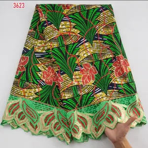 African Wax Ankara Fabric with Embroidery Lace - Colorful Floral Print & Green Trim/5yards