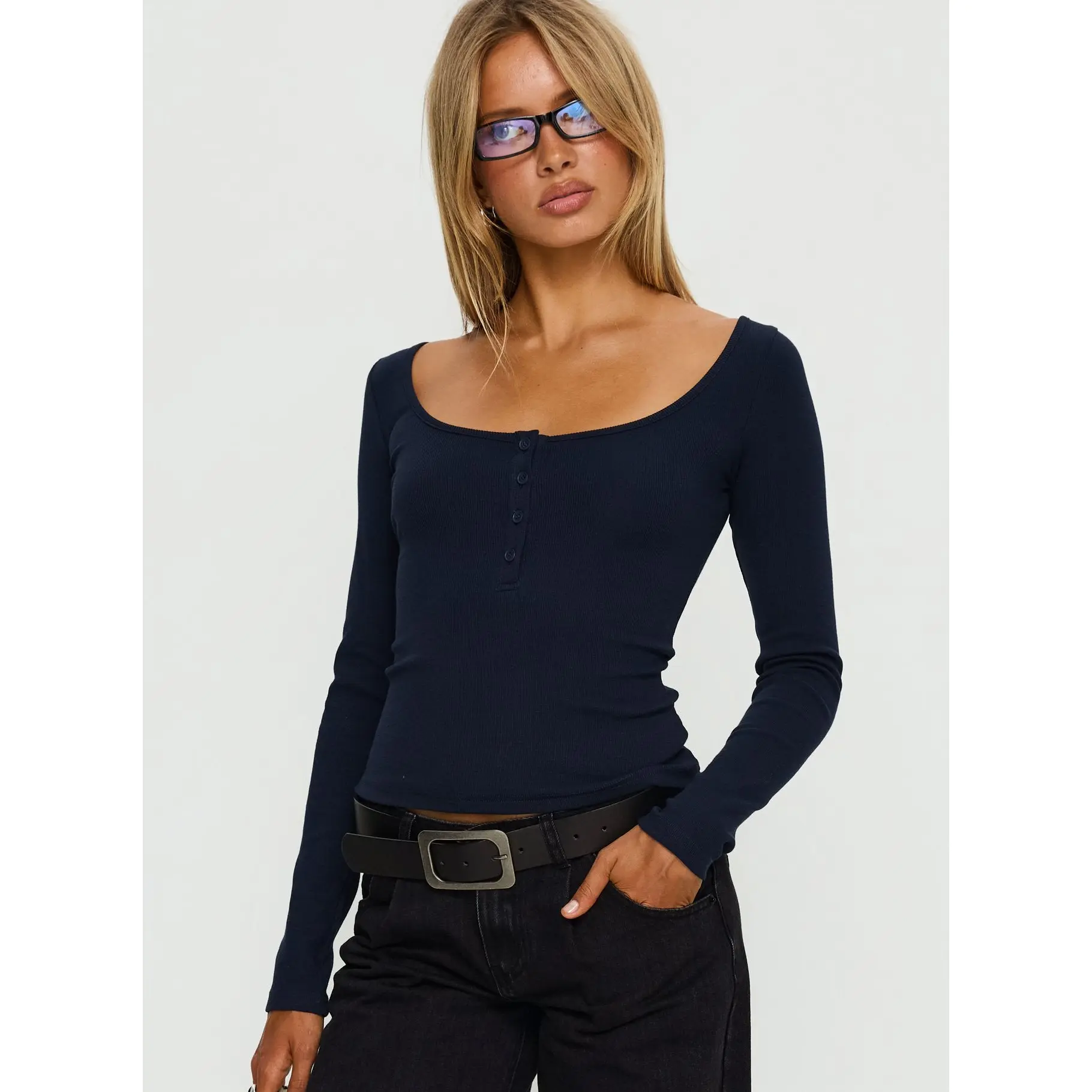 Keslie Long Sleeve Henley Top Navy