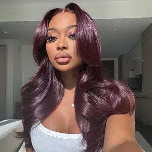 Sunber 13x4 and 7x5 Loose Wave Burgundy Plum Layer Cut Lace Frontal Wig Pre-everything Invisible Knots Put on and Go Wig