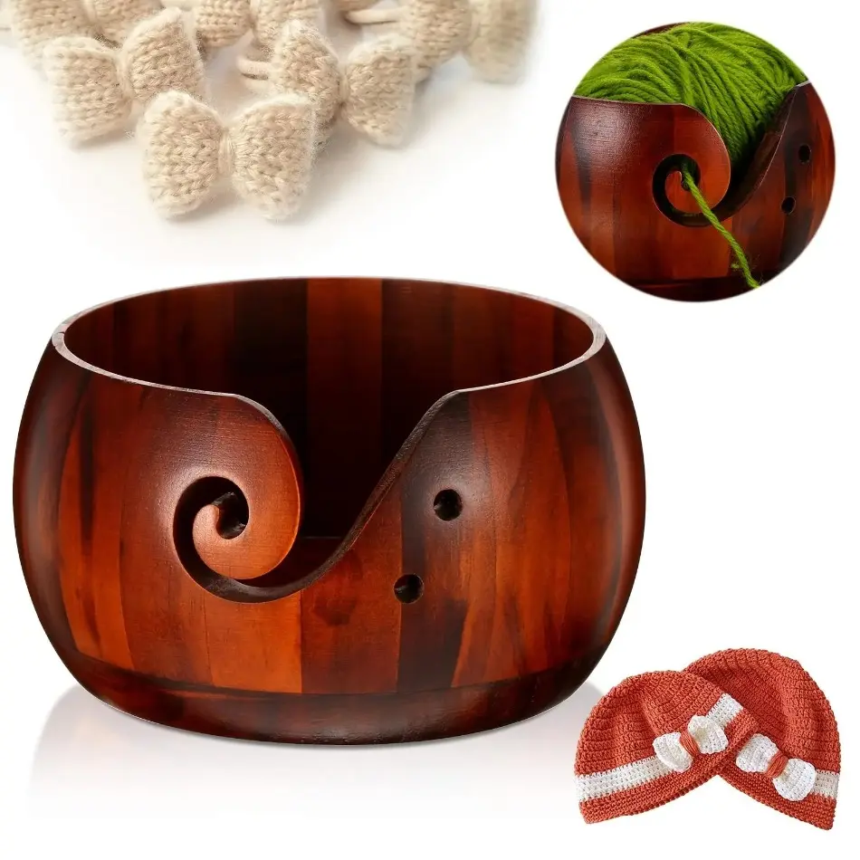 Handmade Wooden Yarn Bowl, Single Count Knitting Crochet Yarn Ball Holder, Natural Wood Creative Anti-Slip Yarn Storage Organizer, Durable Household Craft Accessory, Practical Knitting & Crochet Tool, Smooth Handcrafted Design for Tangle-Free Yarn Work, I