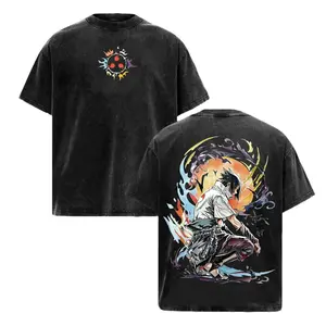 Sasuke Uchiha Vintage Washed Oversized Tee | Eternal Mangekyo Sharingan Graphic Shirt | Fire & Shadow Anime Streetwear | Naruto Inspired Design | Gift for Anime & Manga Fans