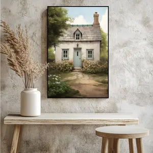 Enchanted Cottage Garden Canvas Print Whimsical Country House Wall Art with Stone Roof and Flower Gardens Cottagecore Decor for Chill Room Accessories Front Porch Living Room Accent Bedroom Home Office Storybook Housewarming Gift