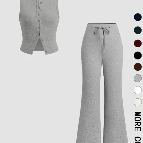 Women's Casual Basic Aesthetic Summer Plain Color Sleeveless Top & Wide Leg Drawstring Pants Set, Summer Matching Sets, Slim-Fit Design, Comfortable Knit Fabric, Perfect for Daily Wear, Womenswear