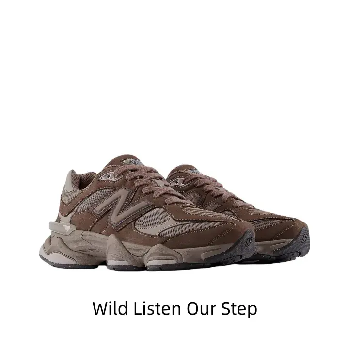 Minimalist chunky retro dad sneakers. Chocolate brown suede & light brown mesh construction, thick wavy sculpted rubber sole. Rustic earth tone for casual street aesthetic fits.