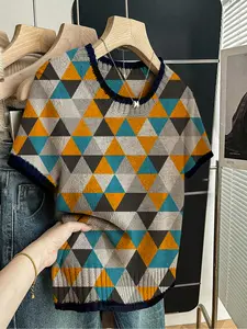 Geometric Triangle Patchwork Colorblock Sweater, Casual Short Sleeve Knit Top, Comfortable Warm Women's Clothing for Fall Winter