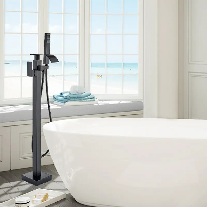 Brass Bathroom Single Lever Handle Freestanding Bathtub Faucet - Floor-Mounted Swivel Spout Waterfall Tub Filler with Retro Hand Shower Set, Brushed Nickel Twist Handle Water Spout Shower & Bath Taps