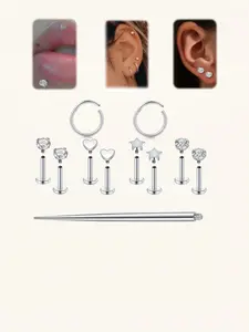 Hypoallergenic flat-back earring set, 16-gauge stainless steel internal thread design, including heart, star, square, and round clear zircon designs, suitable for lip, nose, and ear piercings, unisex body piercing jewelry Nose Hoop