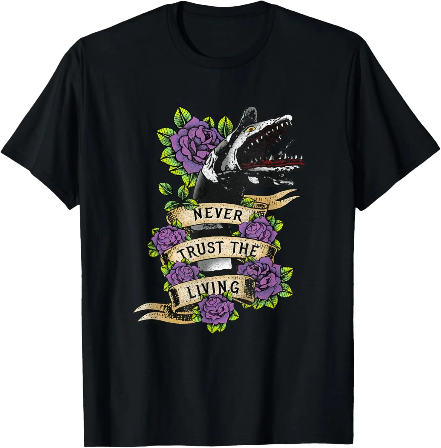 Women's 100% Cotton Short-Sleeve Casual Distressed Round Neck Graphic T-Shirt - Lady's Everyday Streetwear Top with Beetlejuice Vintage Never Trust The Living Sandworm Tattoo Print